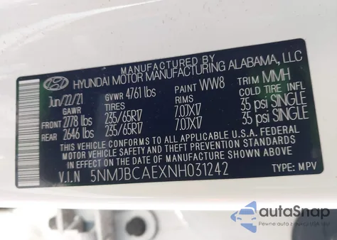 2022 Hyundai Tucson Sel z USA, uszkodzony, nr VIN 5NMJBCAEXNH031242